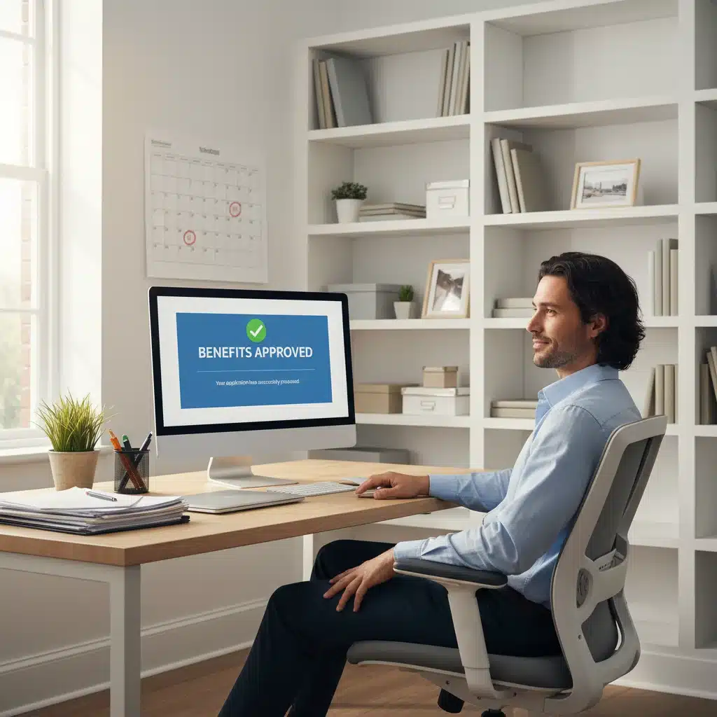 Unemployment benefits approval notification on computer screen