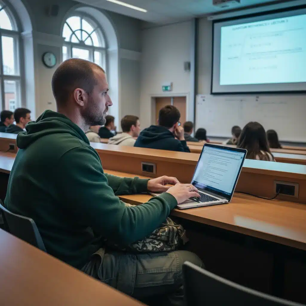 Veteran student diligently taking notes in a university lecture hall, embodying the pursuit of higher education through the GI Bill.