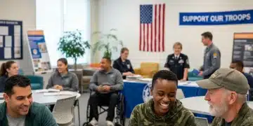 Veterans engaging with housing and education benefit information in a community setting, symbolizing support and future opportunities.