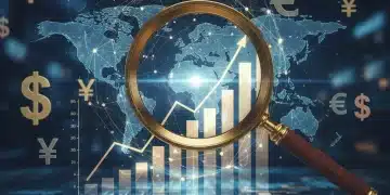 Magnifying glass over economic charts with rising inflation trend and global currencies.