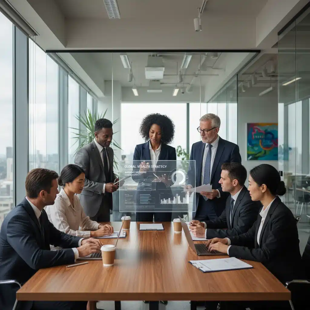 Group collaborating on wealth management and financial strategy in an office.
