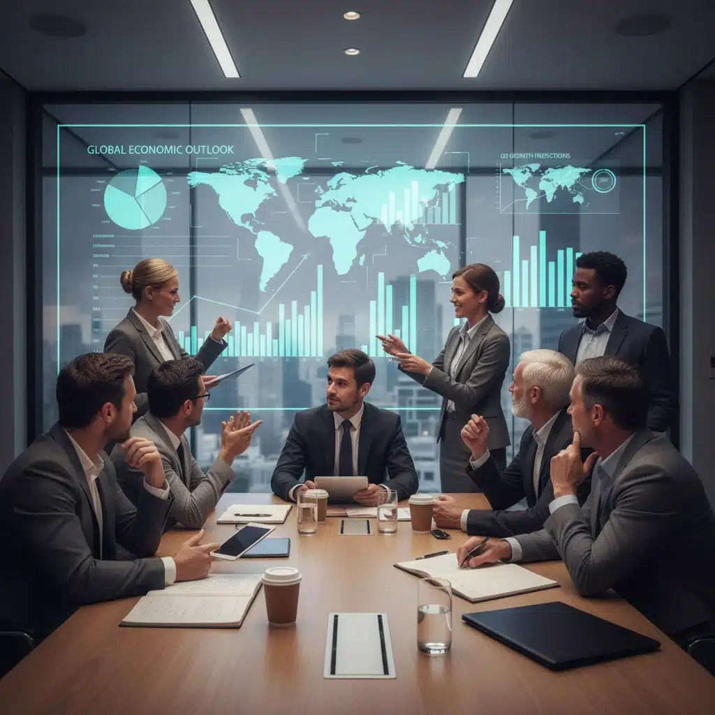 Business professionals analyzing economic data projections in a meeting.