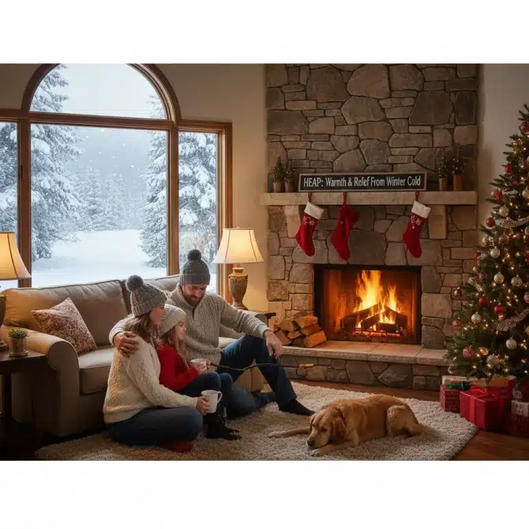 Family staying warm indoors with HEAP heating assistance