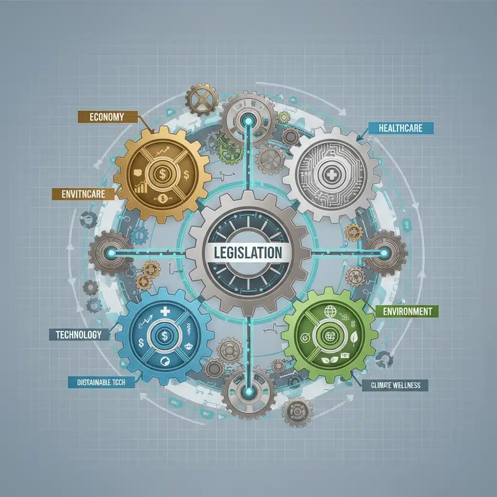 Infographic showing interconnected legislative policy areas like economy, healthcare, and technology.