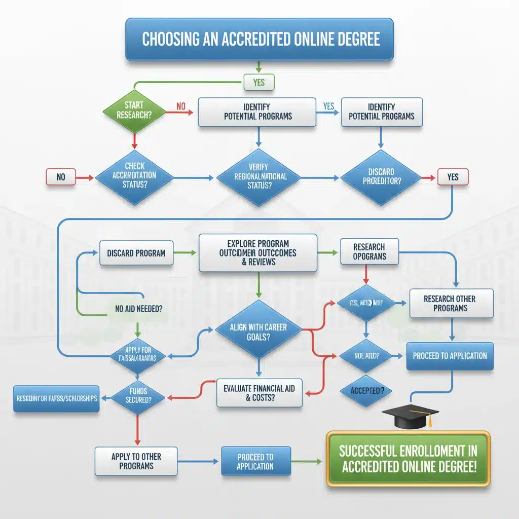 Flowchart guiding students through the process of selecting an accredited online degree program.