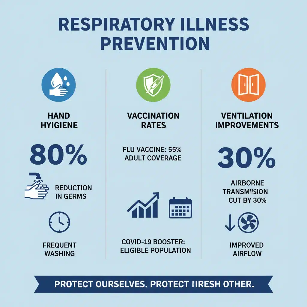 Infographic showing respiratory illness prevention strategies: hand hygiene, vaccination, ventilation