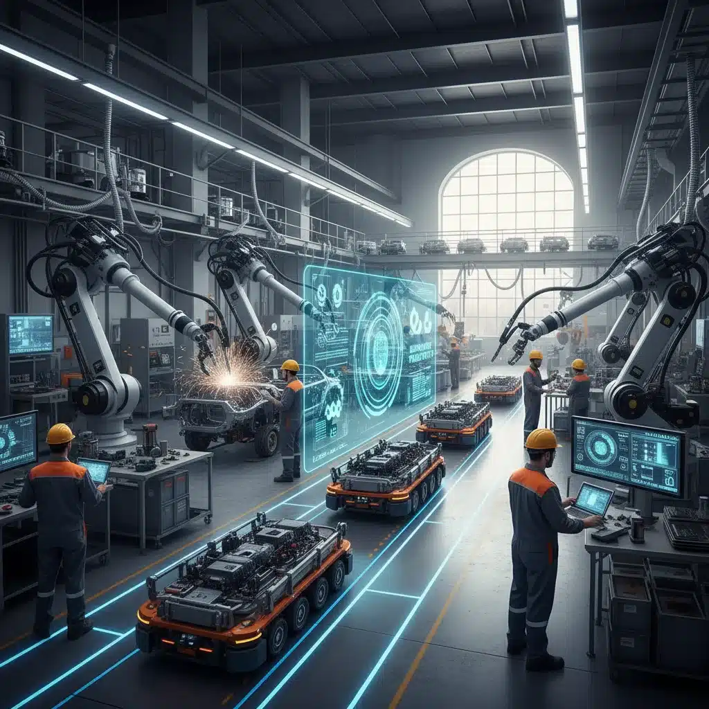 Advanced robotics and human workers collaborating in a modern factory.