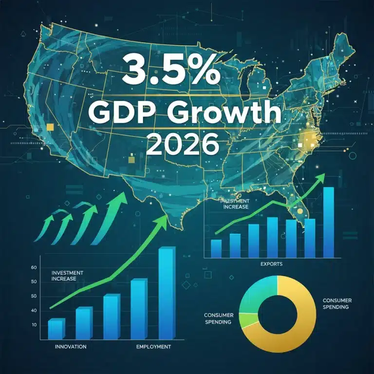 Infographic showing 3.5% US GDP growth forecast for 2026 with economic indicators.