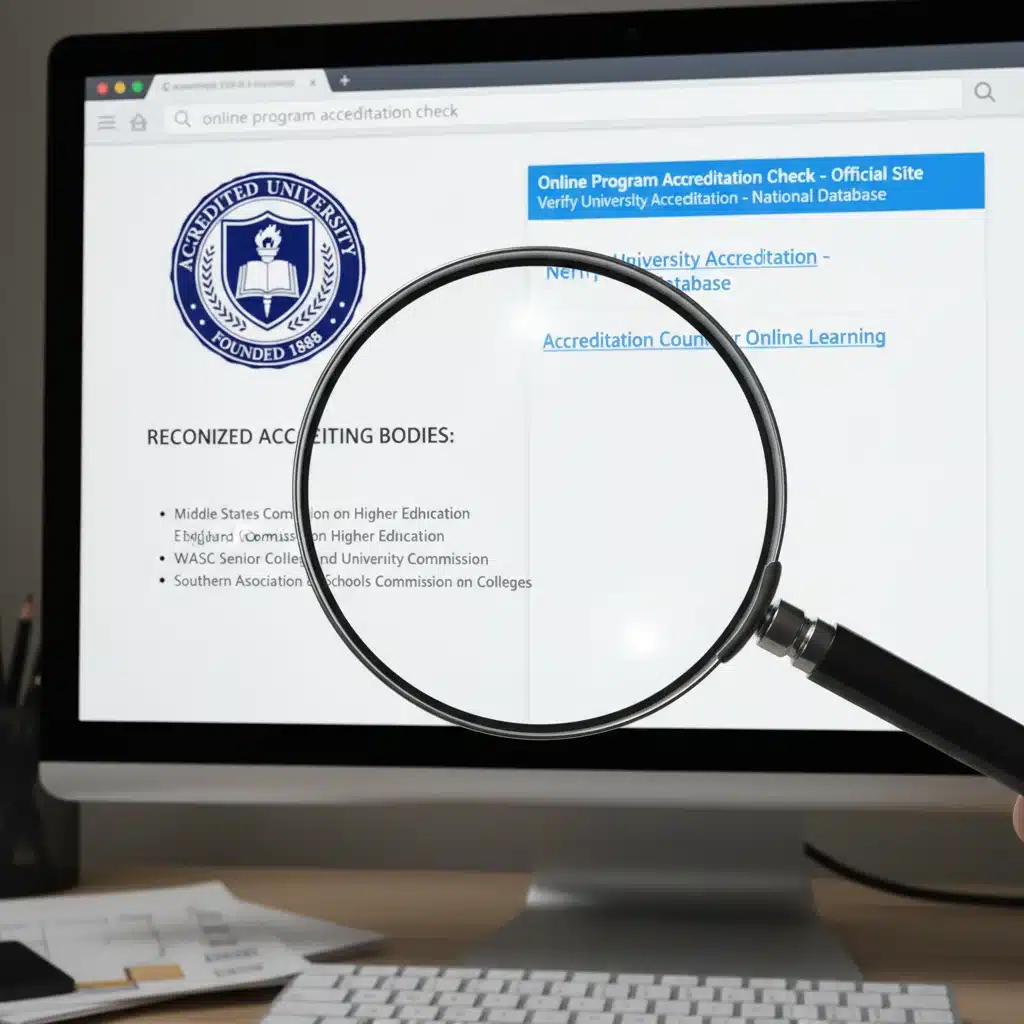 Verifying online degree accreditation with a magnifying glass on a computer screen.