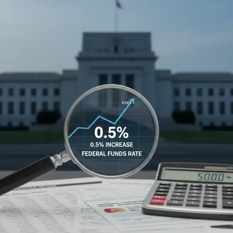 Graph showing a projected 0.5% interest rate increase by the Federal Reserve in 2026, impacting mortgages and loans.