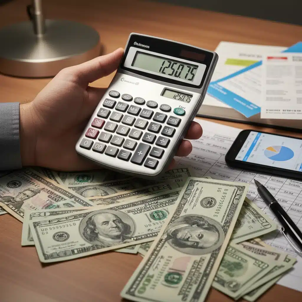 Hand using calculator for budgeting and expense tracking.