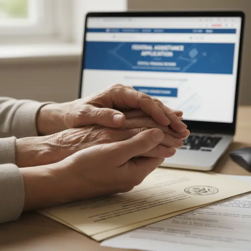 Hands of a caregiver holding an elderly person's hand, symbolizing support and federal aid applications.
