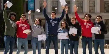 Students celebrating college acceptance with scholarship documents
