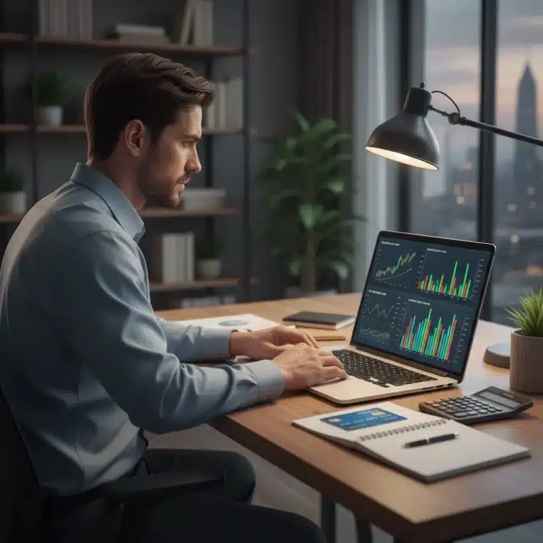 Determined person planning to reduce credit card debt on a laptop.
