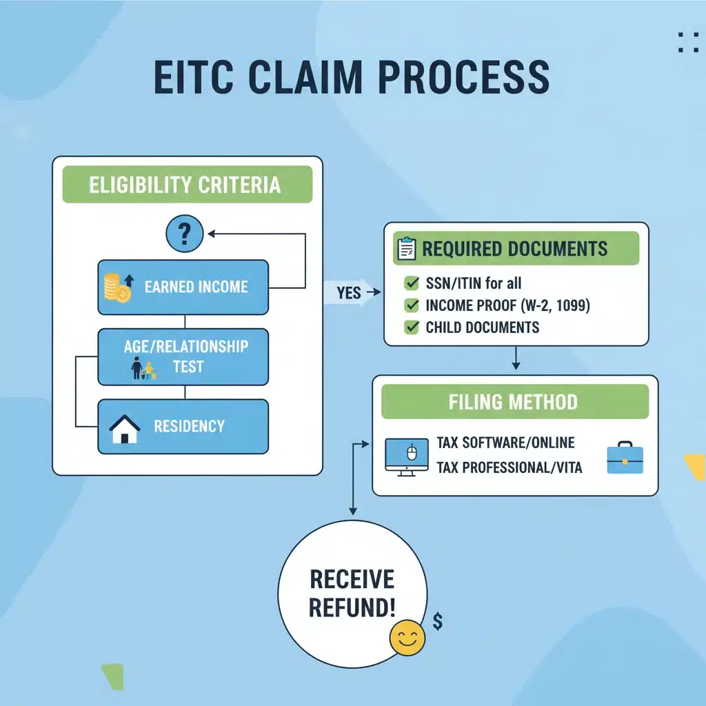 Infographic showing steps to claim Earned Income Tax Credit