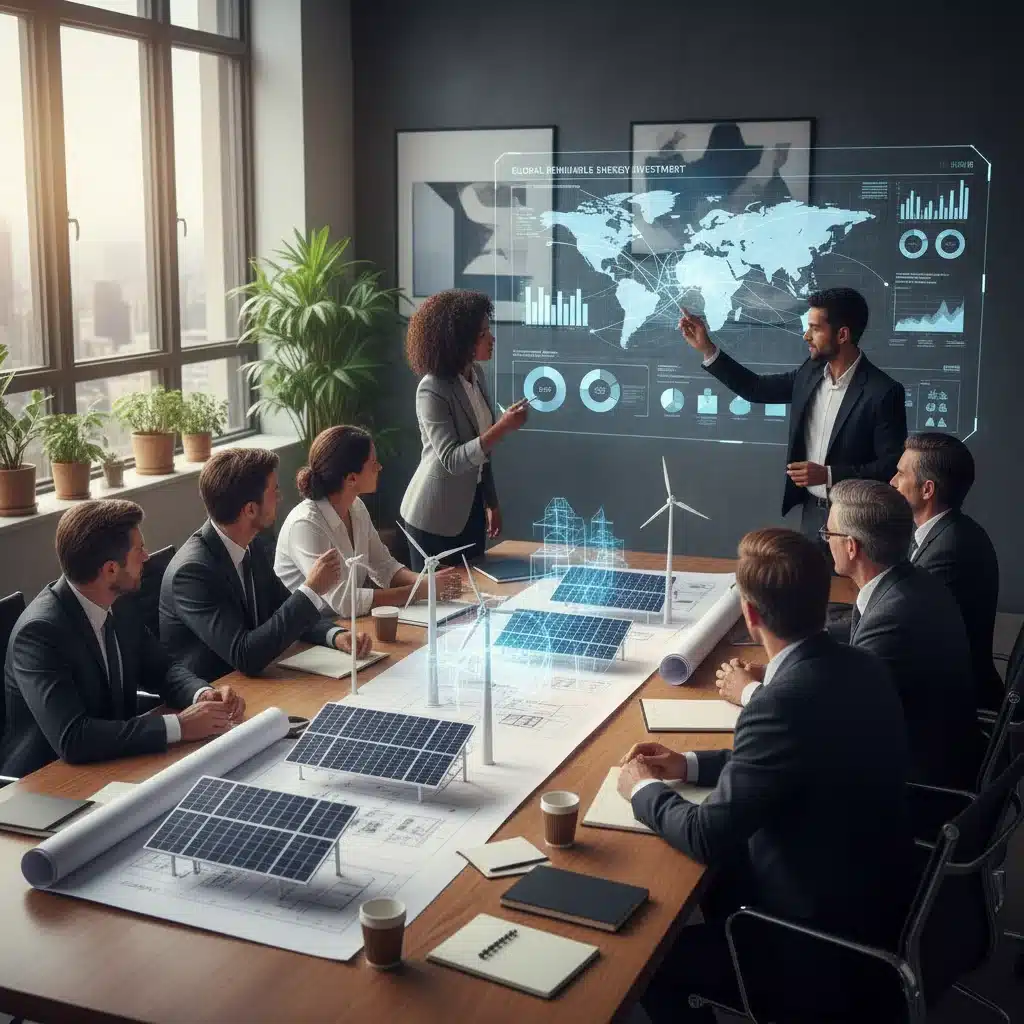 Professionals discussing renewable energy investment and policy in a modern conference room.