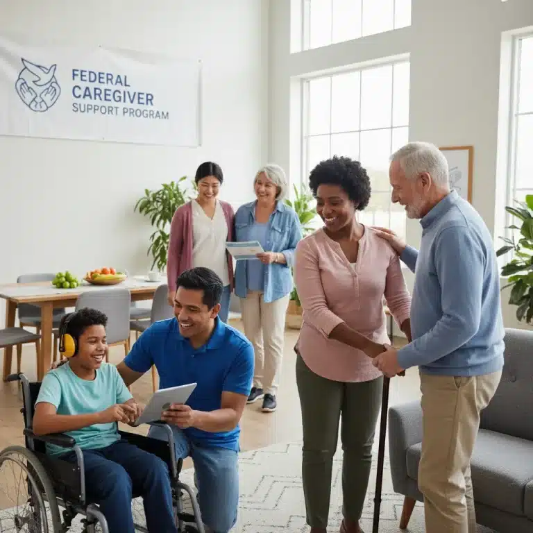 Diverse group of caregivers supporting individuals in need, representing federal benefits for caregivers.