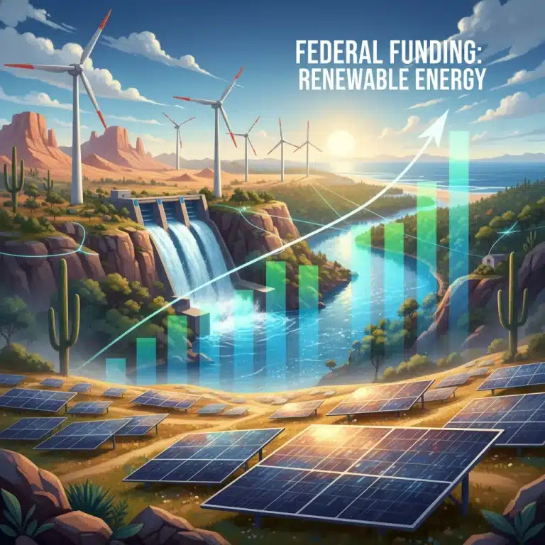 Illustration of various renewable energy sources with an upward trend graph, representing increased federal subsidies for clean energy.