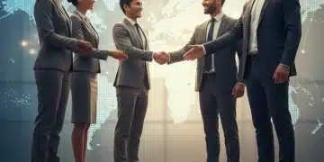 Diverse business team shaking hands, representing global business expansion and international partnerships.