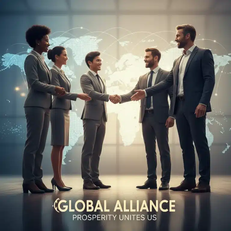 Diverse business team shaking hands, representing global business expansion and international partnerships.