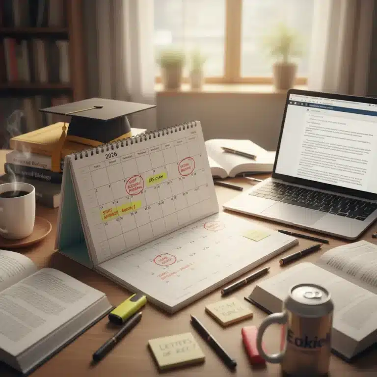 Detailed graduate school application timeline with calendar and academic items