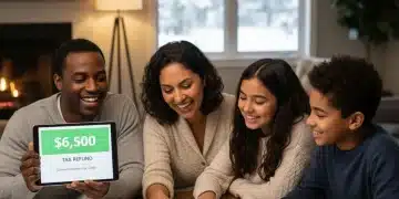 Happy family reviewing tax documents for EITC refund