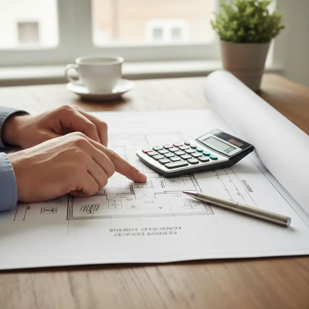 Hands reviewing home improvement blueprints with a calculator, symbolizing strategic investment for tax credits.