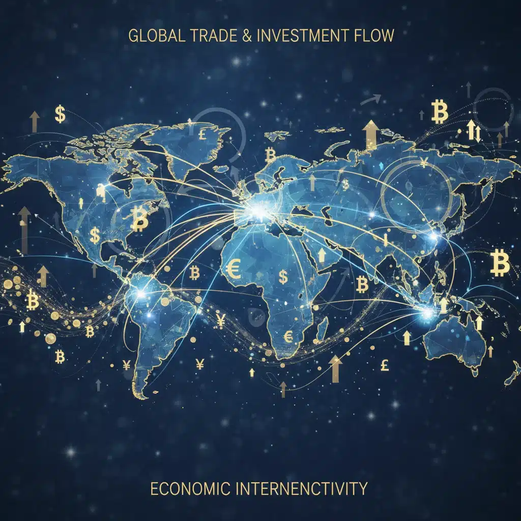 World map showing global trade routes and economic interconnectedness, symbolizing international finance.