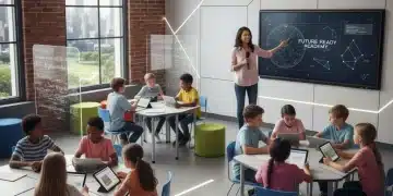 Students and teacher collaborating in a modern K-12 classroom, embracing new educational reforms.