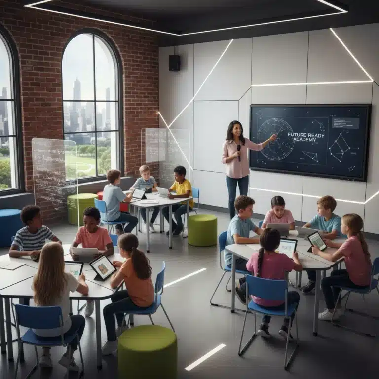Students and teacher collaborating in a modern K-12 classroom, embracing new educational reforms.
