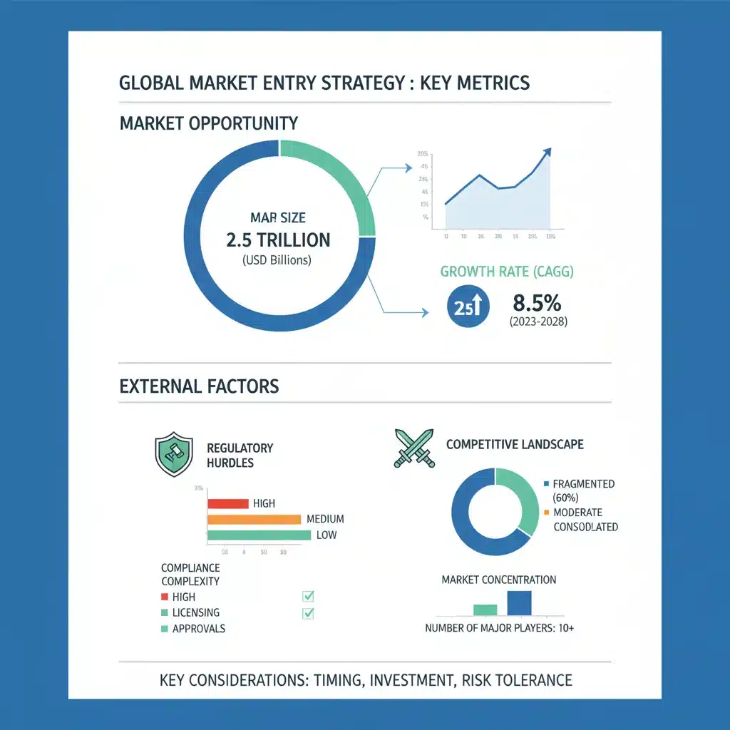 Infographic depicting market entry strategy metrics for international business.