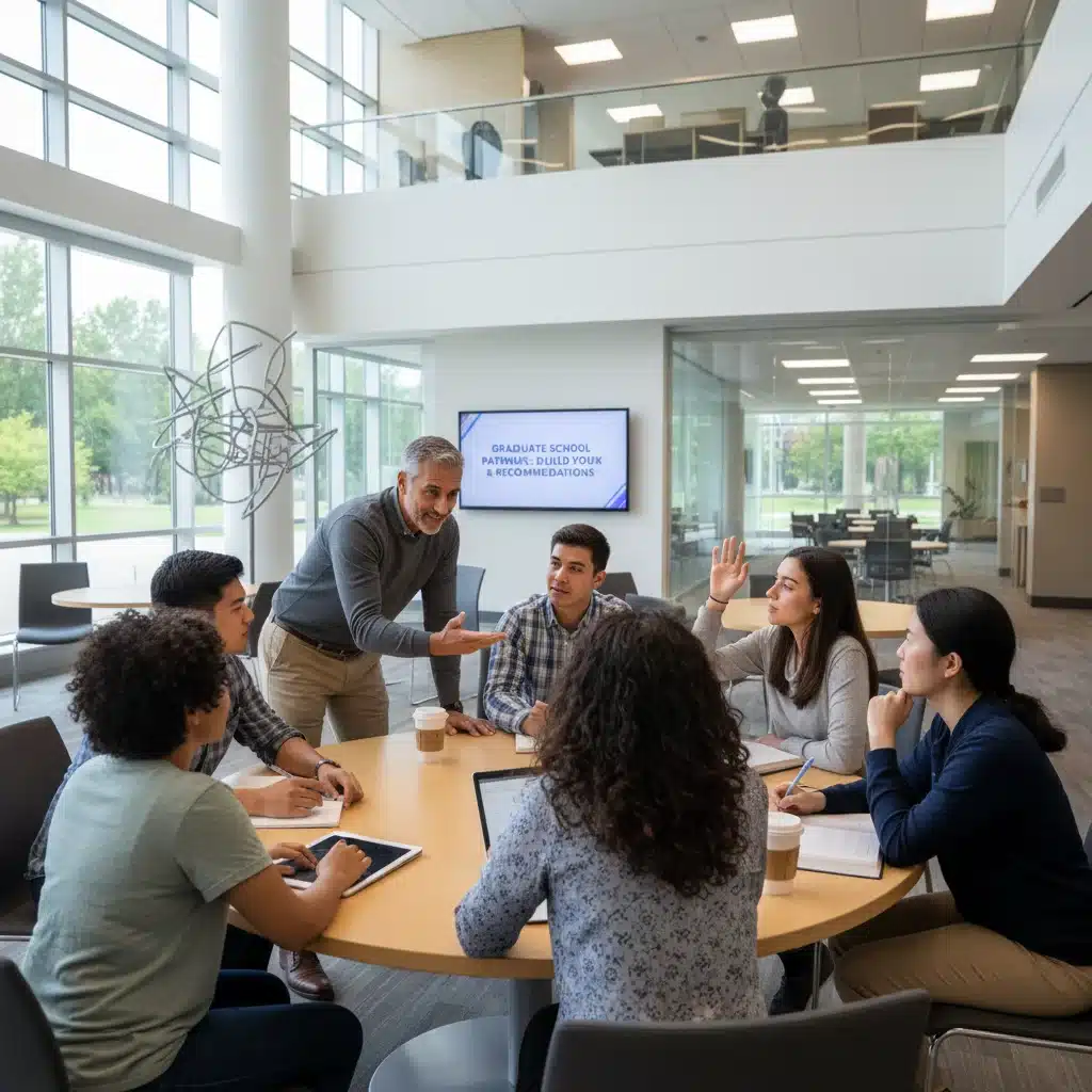Students discussing with professor about recommendations for graduate school