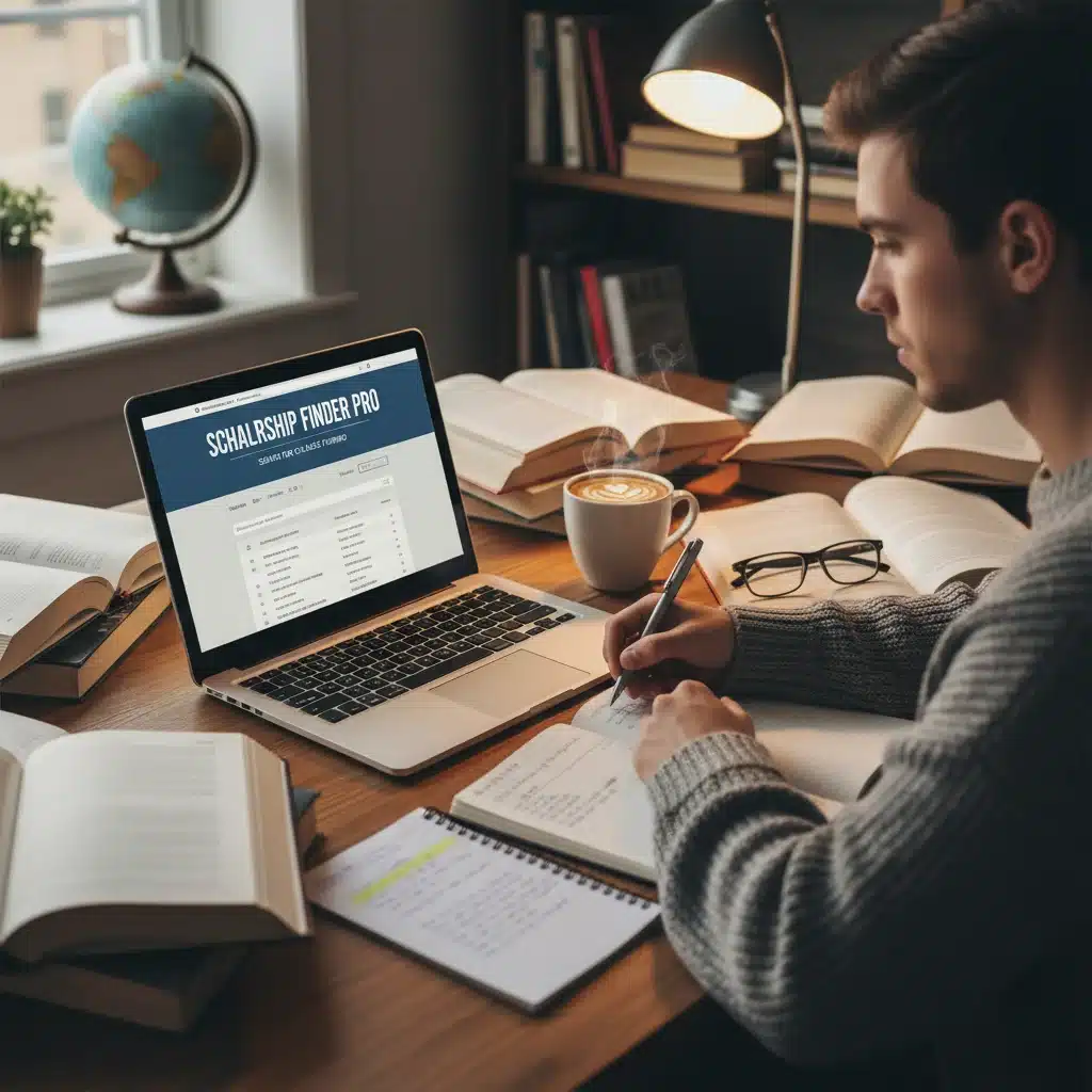 Student researching college funding scholarships online