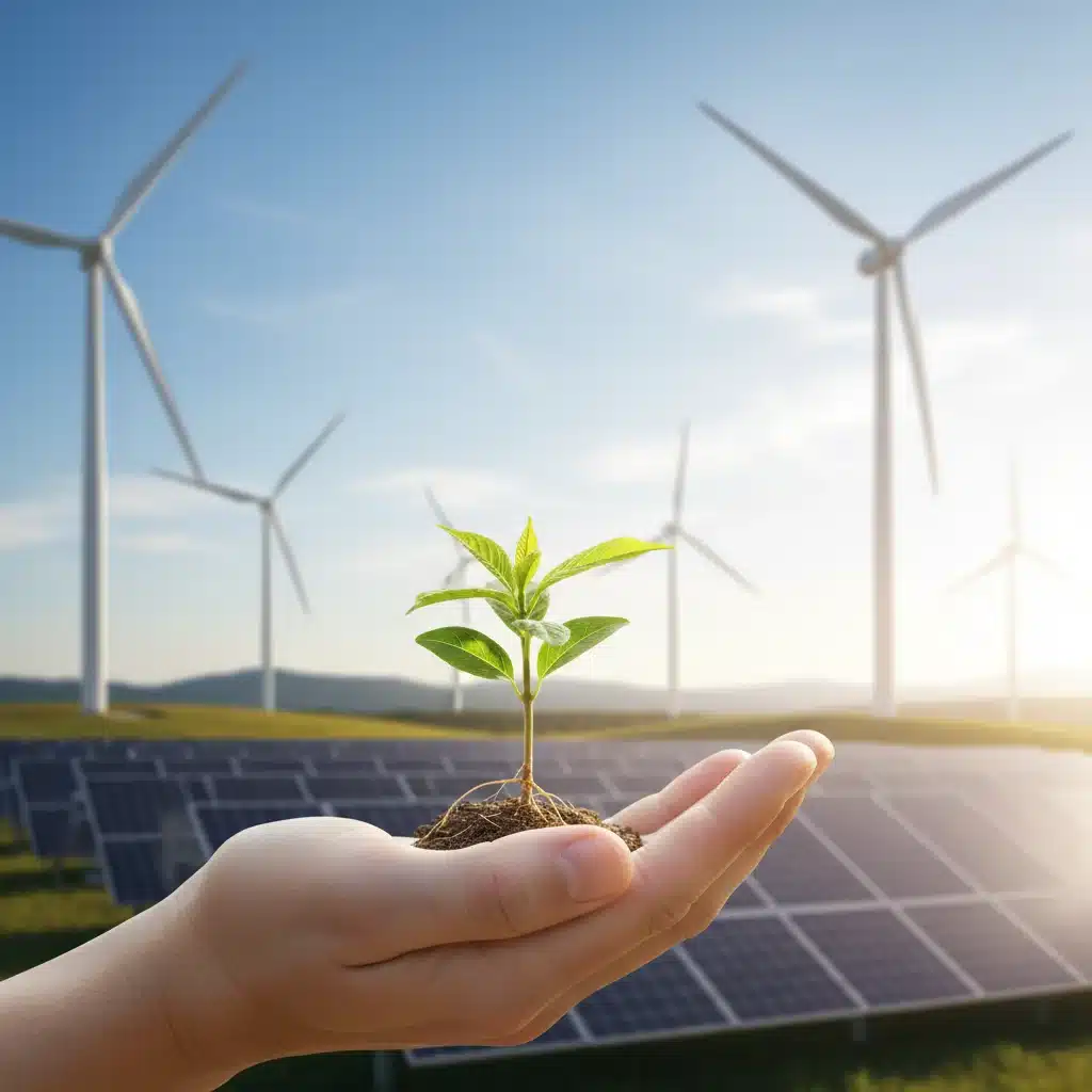 Hand holding a sapling with a wind farm and solar panels in the background, symbolizing sustainable energy growth.